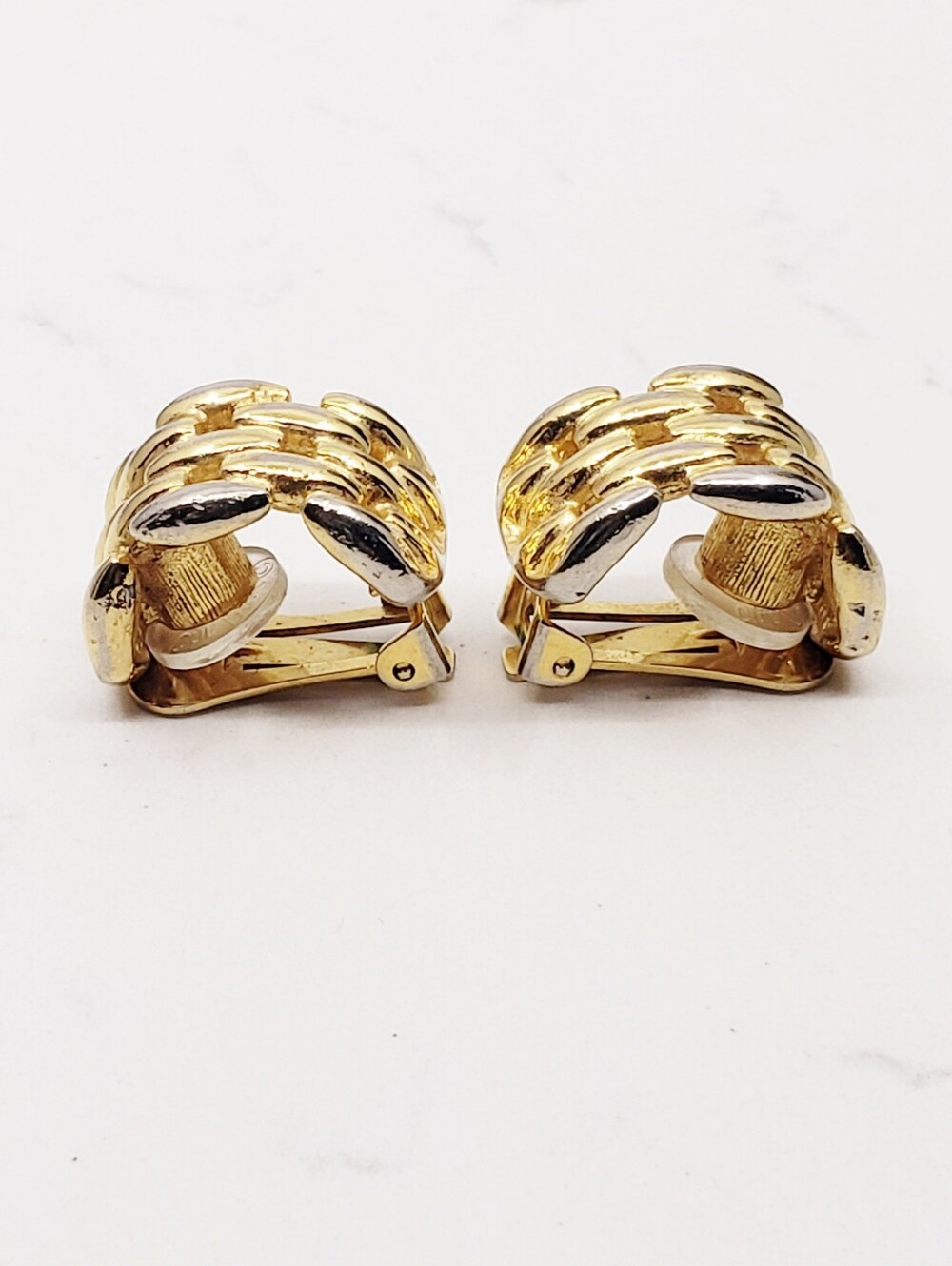 Christian Dior Gold Tone Open Work Basket Weave Hoop Clip Ons Signed